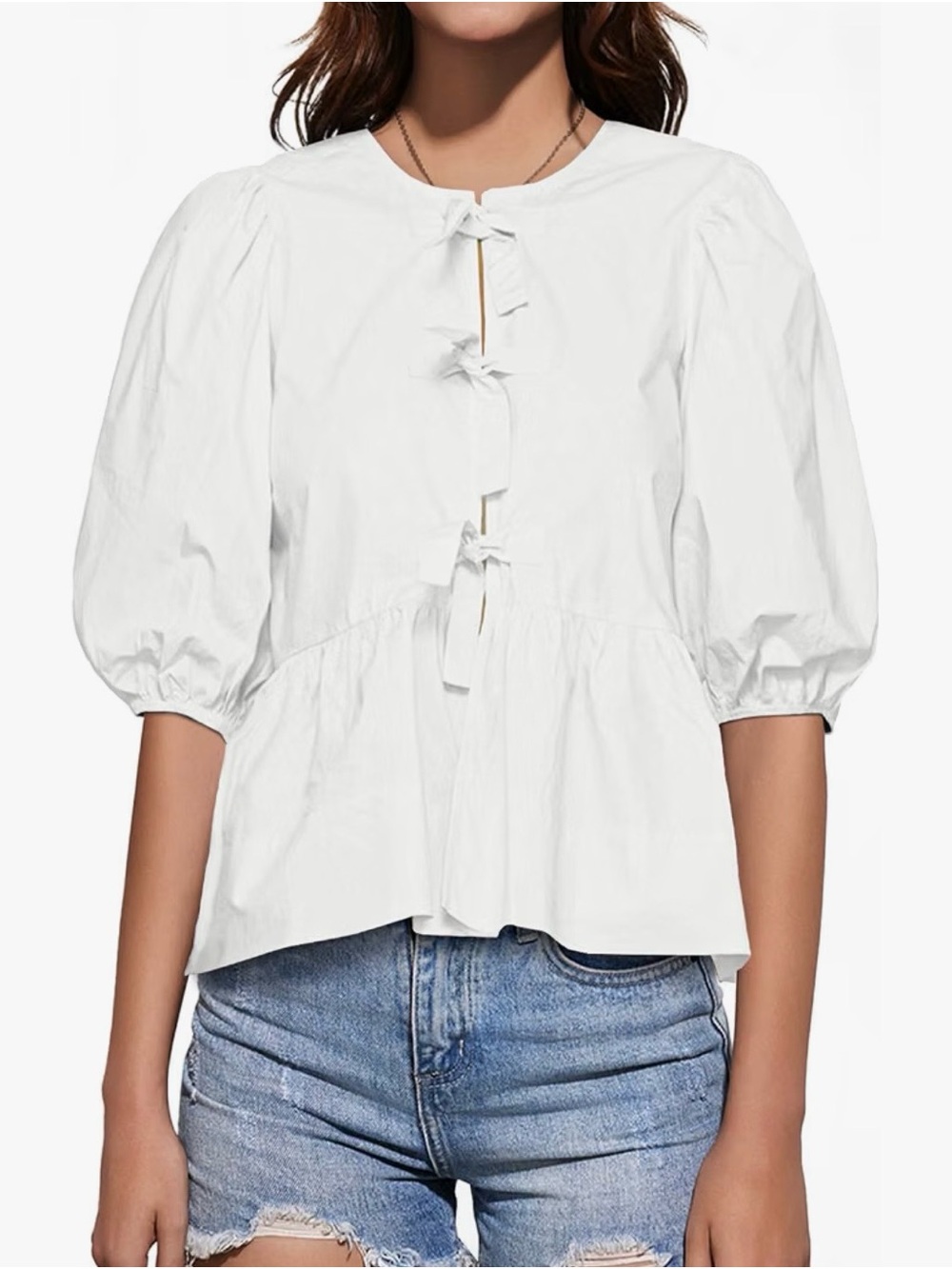 Brand New! Woven Tie-Front Puff Sleeve Blouse - White (Size: S)